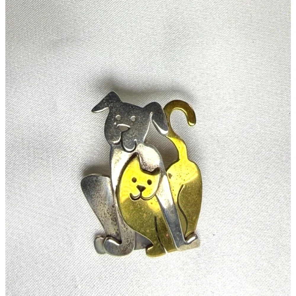 Vintage Far Fetched Cat and Dog Stick Pin Mixed Metal Brass Silver Tone Artisan